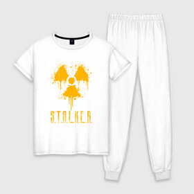 Женская пижама хлопок с принтом S.T.A.L.K.E.R. в Новосибирске, 100% хлопок | брюки и футболка прямого кроя, без карманов, на брюках мягкая резинка на поясе и по низу штанин | anomaly | bandit | chernobyl | logo | pripyat | shadow of chernobyl | stalker | stalker 2 | zone | аномалия | бандиты | зона | лого | меченый | припять | сталкер | сталкер 2 | тени чернобыля | чернобыль | чистое небо