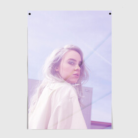 Постер с принтом Pink Billie Eilish в Новосибирске, 100% бумага
 | бумага, плотность 150 мг. Матовая, но за счет высокого коэффициента гладкости имеет небольшой блеск и дает на свету блики, но в отличии от глянцевой бумаги не покрыта лаком | billie eilish | lovely | music | ocean eyes | pop | билли айлиш | девушка | музыка | океан | поп | эйлиш | элиш