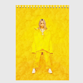 Скетчбук с принтом Yellow Billie в Новосибирске, 100% бумага
 | 48 листов, плотность листов — 100 г/м2, плотность картонной обложки — 250 г/м2. Листы скреплены сверху удобной пружинной спиралью | billie eilish | lovely | music | ocean eyes | pop | билли айлиш | девушка | музыка | океан | поп | эйлиш | элиш