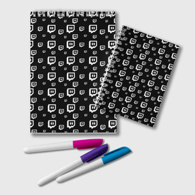Блокнот с принтом Twitch в Новосибирске, 100% бумага | 48 листов, плотность листов — 60 г/м2, плотность картонной обложки — 250 г/м2. Листы скреплены удобной пружинной спиралью. Цвет линий — светло-серый
 | Тематика изображения на принте: black and white | game | gamer | logo | pattern | twitch | twitties | игры | логотип | паттерн | стрим | твитч | текстура | черно белый