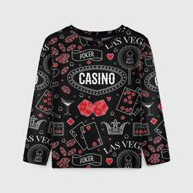 Детский лонгслив 3D с принтом Казино в Новосибирске, 100% полиэстер | длинные рукава, круглый вырез горловины, полуприлегающий силуэт
 | casi | азарт | америка | белый | город | графика | давай | игра | играть | игрок | иллюстрация | искусство | казино | картинка | карты | корона | красный | кубики | лас вегас | масти | мода | орнамент | покер