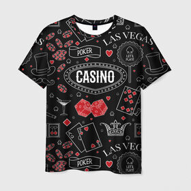 Мужская футболка 3D с принтом Казино в Новосибирске, 100% полиэфир | прямой крой, круглый вырез горловины, длина до линии бедер | casi | азарт | америка | белый | город | графика | давай | игра | играть | игрок | иллюстрация | искусство | казино | картинка | карты | корона | красный | кубики | лас вегас | масти | мода | орнамент | покер