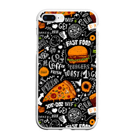 Чехол для iPhone 7Plus/8 Plus матовый с принтом Fast food в Новосибирске, Силикон | Область печати: задняя сторона чехла, без боковых панелей | fast | food | hambu | булочка | бутерброды | быстрое | гамбургеры | графика | еда | зелень | иллюстрация | картинка | кунжут | мода | мясо | надпись | орнамент | питание | пицца | пончики | рисунок | свежий