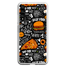 Чехол для Honor 20 с принтом Fast food в Новосибирске, Силикон | Область печати: задняя сторона чехла, без боковых панелей | fast | food | hambu | булочка | бутерброды | быстрое | гамбургеры | графика | еда | зелень | иллюстрация | картинка | кунжут | мода | мясо | надпись | орнамент | питание | пицца | пончики | рисунок | свежий