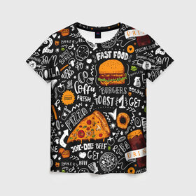 Женская футболка 3D с принтом Fast food в Новосибирске, 100% полиэфир ( синтетическое хлопкоподобное полотно) | прямой крой, круглый вырез горловины, длина до линии бедер | fast | food | hambu | булочка | бутерброды | быстрое | гамбургеры | графика | еда | зелень | иллюстрация | картинка | кунжут | мода | мясо | надпись | орнамент | питание | пицца | пончики | рисунок | свежий
