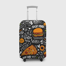 Чехол для чемодана 3D с принтом Fast food в Новосибирске, 86% полиэфир, 14% спандекс | двустороннее нанесение принта, прорези для ручек и колес | fast | food | hambu | булочка | бутерброды | быстрое | гамбургеры | графика | еда | зелень | иллюстрация | картинка | кунжут | мода | мясо | надпись | орнамент | питание | пицца | пончики | рисунок | свежий