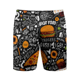 Мужские шорты спортивные с принтом Fast food в Новосибирске,  |  | fast | food | hambu | булочка | бутерброды | быстрое | гамбургеры | графика | еда | зелень | иллюстрация | картинка | кунжут | мода | мясо | надпись | орнамент | питание | пицца | пончики | рисунок | свежий