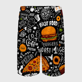 Детские спортивные шорты 3D с принтом Fast food в Новосибирске,  100% полиэстер
 | пояс оформлен широкой мягкой резинкой, ткань тянется
 | fast | food | hambu | булочка | бутерброды | быстрое | гамбургеры | графика | еда | зелень | иллюстрация | картинка | кунжут | мода | мясо | надпись | орнамент | питание | пицца | пончики | рисунок | свежий