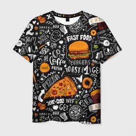 Мужская футболка 3D с принтом Fast food в Новосибирске, 100% полиэфир | прямой крой, круглый вырез горловины, длина до линии бедер | fast | food | hambu | булочка | бутерброды | быстрое | гамбургеры | графика | еда | зелень | иллюстрация | картинка | кунжут | мода | мясо | надпись | орнамент | питание | пицца | пончики | рисунок | свежий