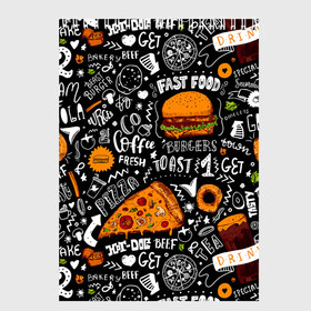 Скетчбук с принтом Fast food в Новосибирске, 100% бумага
 | 48 листов, плотность листов — 100 г/м2, плотность картонной обложки — 250 г/м2. Листы скреплены сверху удобной пружинной спиралью | fast | food | hambu | булочка | бутерброды | быстрое | гамбургеры | графика | еда | зелень | иллюстрация | картинка | кунжут | мода | мясо | надпись | орнамент | питание | пицца | пончики | рисунок | свежий