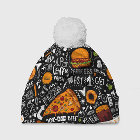 Шапка 3D c помпоном с принтом Fast food в Новосибирске, 100% полиэстер | универсальный размер, печать по всей поверхности изделия | fast | food | hambu | булочка | бутерброды | быстрое | гамбургеры | графика | еда | зелень | иллюстрация | картинка | кунжут | мода | мясо | надпись | орнамент | питание | пицца | пончики | рисунок | свежий