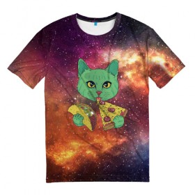 Мужская футболка 3D с принтом Космический Кот в Новосибирске, 100% полиэфир | прямой крой, круглый вырез горловины, длина до линии бедер | Тематика изображения на принте: cat | cosmic | galaxy | pizza | taco | в космосе | галактика | космос | кот | коты | пицца | тако