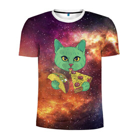 Мужская футболка 3D спортивная с принтом Космический Кот в Новосибирске, 100% полиэстер с улучшенными характеристиками | приталенный силуэт, круглая горловина, широкие плечи, сужается к линии бедра | Тематика изображения на принте: cat | cosmic | galaxy | pizza | taco | в космосе | галактика | космос | кот | коты | пицца | тако