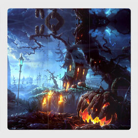 Магнитный плакат 3Х3 с принтом Хэллоуин в Новосибирске, Полимерный материал с магнитным слоем | 9 деталей размером 9*9 см | candles | d | fear | forest | halloween | horror | hut | night | pumpkin | ворота | глаза | железные | забор | изба | иллюстрация | картинка | красные | лес | мода | молния | ночь | облака | праздник | рисунок | свечи | серый | совы