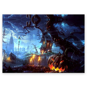 Поздравительная открытка с принтом Хэллоуин в Новосибирске, 100% бумага | плотность бумаги 280 г/м2, матовая, на обратной стороне линовка и место для марки
 | Тематика изображения на принте: candles | d | fear | forest | halloween | horror | hut | night | pumpkin | ворота | глаза | железные | забор | изба | иллюстрация | картинка | красные | лес | мода | молния | ночь | облака | праздник | рисунок | свечи | серый | совы