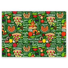 Поздравительная открытка с принтом Итальянская пицца в Новосибирске, 100% бумага | плотность бумаги 280 г/м2, матовая, на обратной стороне линовка и место для марки
 | бекон | вкусная | волны | грибы | доля | еда | зелень | ингредиенты | искусство | италия | итальянская | ковёр | колбаса | кори | креветки | курица | лук | мясо | натуральная | оливки | орнамент | перец