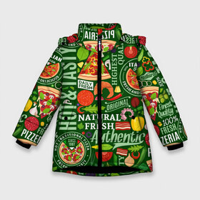 Зимняя куртка для девочек 3D с принтом Итальянская пицца в Новосибирске, ткань верха — 100% полиэстер; подклад — 100% полиэстер, утеплитель — 100% полиэстер. | длина ниже бедра, удлиненная спинка, воротник стойка и отстегивающийся капюшон. Есть боковые карманы с листочкой на кнопках, утяжки по низу изделия и внутренний карман на молнии. 

Предусмотрены светоотражающий принт на спинке, радужный светоотражающий элемент на пуллере молнии и на резинке для утяжки. | Тематика изображения на принте: бекон | вкусная | волны | грибы | доля | еда | зелень | ингредиенты | искусство | италия | итальянская | ковёр | колбаса | кори | креветки | курица | лук | мясо | натуральная | оливки | орнамент | перец