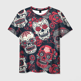 Мужская футболка 3D с принтом Мексиканские черепа в Новосибирске, 100% полиэфир | прямой крой, круглый вырез горловины, длина до линии бедер | графика | день мертвых | знак | иллюстрация | искусство | картинка | мексика | мексиканские | мода | национальный | орнамент | паутина | поминки | праздник | рисунок | розы | ромашки | символ | стиль