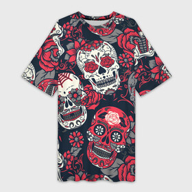 Платье-футболка 3D с принтом Мексиканские черепа в Новосибирске,  |  | графика | день мертвых | знак | иллюстрация | искусство | картинка | мексика | мексиканские | мода | национальный | орнамент | паутина | поминки | праздник | рисунок | розы | ромашки | символ | стиль