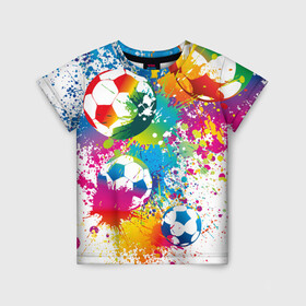 Детская футболка 3D с принтом Футбольные мячи  в Новосибирске, 100% гипоаллергенный полиэфир | прямой крой, круглый вырез горловины, длина до линии бедер, чуть спущенное плечо, ткань немного тянется | ball | cove | football | leather | soccer | белый | болельщик | брызги | графика | иллюстрация | картинка | кожа | краски | мода | мяч | покрытие | пятна | радуга | рисунок | сила | скорость | спорт | спортсмен | стиль