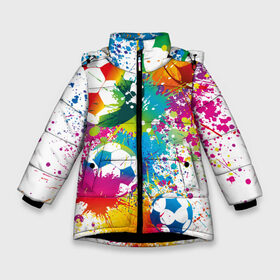 Зимняя куртка для девочек 3D с принтом Футбольные мячи в Новосибирске, ткань верха — 100% полиэстер; подклад — 100% полиэстер, утеплитель — 100% полиэстер. | длина ниже бедра, удлиненная спинка, воротник стойка и отстегивающийся капюшон. Есть боковые карманы с листочкой на кнопках, утяжки по низу изделия и внутренний карман на молнии. 

Предусмотрены светоотражающий принт на спинке, радужный светоотражающий элемент на пуллере молнии и на резинке для утяжки. | Тематика изображения на принте: ball | cove | football | leather | soccer | белый | болельщик | брызги | графика | иллюстрация | картинка | кожа | краски | мода | мяч | покрытие | пятна | радуга | рисунок | сила | скорость | спорт | спортсмен | стиль