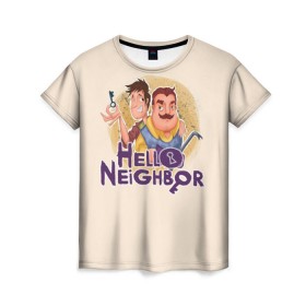 Женская футболка 3D с принтом Hello Neighbor в Новосибирске, 100% полиэфир ( синтетическое хлопкоподобное полотно) | прямой крой, круглый вырез горловины, длина до линии бедер | hello | horror | neighbor | survival | дом | нейбор | паркура | привет | сосед | стратегия | хеллоу