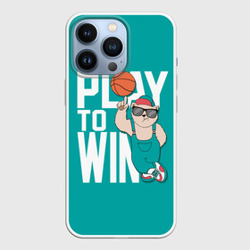 Чехол для iPhone 13 Pro с принтом Play to win в Новосибирске,  |  | Тематика изображения на принте: баскетбол | баскетбольный | бейсболка | графика | животное | зелёный | играй | иллюстрация | картинка | комбинезон | кот | кроссовки | крутит | мода | мяч | на пальце | надпись | очки | победы | ради