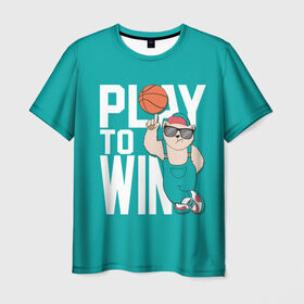 Мужская футболка 3D с принтом Play to win в Новосибирске, 100% полиэфир | прямой крой, круглый вырез горловины, длина до линии бедер | баскетбол | баскетбольный | бейсболка | графика | животное | зелёный | играй | иллюстрация | картинка | комбинезон | кот | кроссовки | крутит | мода | мяч | на пальце | надпись | очки | победы | ради