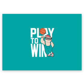 Поздравительная открытка с принтом Play to win в Новосибирске, 100% бумага | плотность бумаги 280 г/м2, матовая, на обратной стороне линовка и место для марки
 | баскетбол | баскетбольный | бейсболка | графика | животное | зелёный | играй | иллюстрация | картинка | комбинезон | кот | кроссовки | крутит | мода | мяч | на пальце | надпись | очки | победы | ради