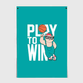 Постер с принтом Play to win в Новосибирске, 100% бумага
 | бумага, плотность 150 мг. Матовая, но за счет высокого коэффициента гладкости имеет небольшой блеск и дает на свету блики, но в отличии от глянцевой бумаги не покрыта лаком | Тематика изображения на принте: баскетбол | баскетбольный | бейсболка | графика | животное | зелёный | играй | иллюстрация | картинка | комбинезон | кот | кроссовки | крутит | мода | мяч | на пальце | надпись | очки | победы | ради