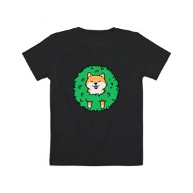 Детская футболка хлопок с принтом Bush Shiba Inu в Новосибирске, 100% хлопок | круглый вырез горловины, полуприлегающий силуэт, длина до линии бедер | акита | аниме | зелень | китай | куст | милый | пес | песик | собака | собачка | щенок | япония