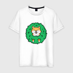 Мужская футболка хлопок с принтом Bush Shiba Inu в Новосибирске, 100% хлопок | прямой крой, круглый вырез горловины, длина до линии бедер, слегка спущенное плечо. | акита | аниме | зелень | китай | куст | милый | пес | песик | собака | собачка | щенок | япония