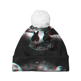 Шапка 3D c помпоном с принтом Marshmello в Новосибирске, 100% полиэстер | универсальный размер, печать по всей поверхности изделия | christopher comstock | dj | marshmello | music | диджей | клубная музыка | клубняк | крис комсток | логотип | маршмеллоу | музыка