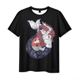 Мужская футболка 3D с принтом Русалка в Новосибирске, 100% полиэфир | прямой крой, круглый вырез горловины, длина до линии бедер | акула | взгляд | вода | волосы | глубина | девушка | длинные | женщина | звезды | корабль | кости | красная | маяк | море | небо | океан | роковая | русалки | рыба | рыжая | солнце | тату | татуировки | тонет
