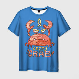 Мужская футболка 3D с принтом Hungry crab в Новосибирске, 100% полиэфир | прямой крой, круглый вырез горловины, длина до линии бедер | angry | crab | gloomy | hungry | ocean | red | sea | sign | stars | water | вода | голодный | графика | детский | звезды | злой | знак | иллюстрация | картинка | краб | красный | мода | море | морские | надпись | океан | рисунок | рыба