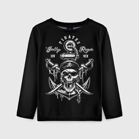 Детский лонгслив 3D с принтом Pirates в Новосибирске, 100% полиэстер | длинные рукава, круглый вырез горловины, полуприлегающий силуэт
 | Тематика изображения на принте: b | pirates | robbers | sea | skull | бандана | веселый | графика | иллюстрация | канат | картинка | кости | логотип | мода | морские | надпись | оружие | пираты | платок | разбойники | рисунок | роджер | сабли | стиль