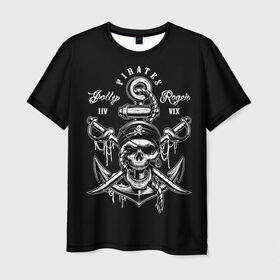 Мужская футболка 3D с принтом Pirates в Новосибирске, 100% полиэфир | прямой крой, круглый вырез горловины, длина до линии бедер | b | pirates | robbers | sea | skull | бандана | веселый | графика | иллюстрация | канат | картинка | кости | логотип | мода | морские | надпись | оружие | пираты | платок | разбойники | рисунок | роджер | сабли | стиль