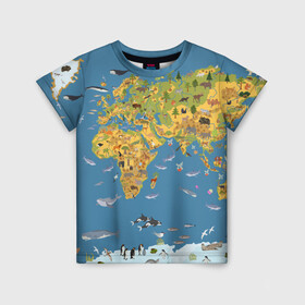 Детская футболка 3D с принтом Карта мира в Новосибирске, 100% гипоаллергенный полиэфир | прямой крой, круглый вырез горловины, длина до линии бедер, чуть спущенное плечо, ткань немного тянется | азия | акулы | америка | антарктида | бизон | волк | европа | животные | зебра | кабан | карта | киты | лама | лев | лось | материки | медведь | мира | моржи | моря | океаны | пингвины | птицы | реки | рыбы