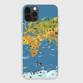 Чехол для iPhone 12 Pro с принтом Карта мира в Новосибирске, силикон | область печати: задняя сторона чехла, без боковых панелей | азия | акулы | америка | антарктида | бизон | волк | европа | животные | зебра | кабан | карта | киты | лама | лев | лось | материки | медведь | мира | моржи | моря | океаны | пингвины | птицы | реки | рыбы