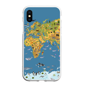 Чехол для iPhone XS Max матовый с принтом Карта мира в Новосибирске, Силикон | Область печати: задняя сторона чехла, без боковых панелей | Тематика изображения на принте: азия | акулы | америка | антарктида | бизон | волк | европа | животные | зебра | кабан | карта | киты | лама | лев | лось | материки | медведь | мира | моржи | моря | океаны | пингвины | птицы | реки | рыбы