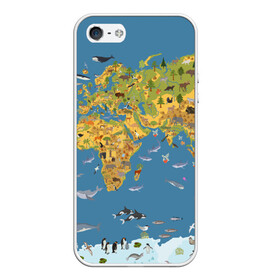 Чехол для iPhone 5/5S матовый с принтом Карта мира в Новосибирске, Силикон | Область печати: задняя сторона чехла, без боковых панелей | Тематика изображения на принте: азия | акулы | америка | антарктида | бизон | волк | европа | животные | зебра | кабан | карта | киты | лама | лев | лось | материки | медведь | мира | моржи | моря | океаны | пингвины | птицы | реки | рыбы