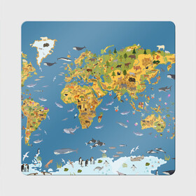 Магнит виниловый Квадрат с принтом Карта мира в Новосибирске, полимерный материал с магнитным слоем | размер 9*9 см, закругленные углы | азия | акулы | америка | антарктида | бизон | волк | европа | животные | зебра | кабан | карта | киты | лама | лев | лось | материки | медведь | мира | моржи | моря | океаны | пингвины | птицы | реки | рыбы