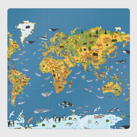 Магнитный плакат 3Х3 с принтом Карта мира в Новосибирске, Полимерный материал с магнитным слоем | 9 деталей размером 9*9 см | азия | акулы | америка | антарктида | бизон | волк | европа | животные | зебра | кабан | карта | киты | лама | лев | лось | материки | медведь | мира | моржи | моря | океаны | пингвины | птицы | реки | рыбы