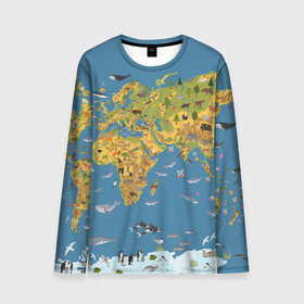 Мужской лонгслив 3D с принтом Карта мира в Новосибирске, 100% полиэстер | длинные рукава, круглый вырез горловины, полуприлегающий силуэт | Тематика изображения на принте: азия | акулы | америка | антарктида | бизон | волк | европа | животные | зебра | кабан | карта | киты | лама | лев | лось | материки | медведь | мира | моржи | моря | океаны | пингвины | птицы | реки | рыбы