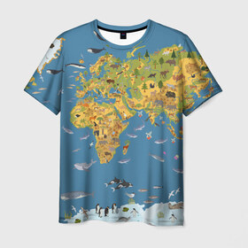 Мужская футболка 3D с принтом Карта мира в Новосибирске, 100% полиэфир | прямой крой, круглый вырез горловины, длина до линии бедер | азия | акулы | америка | антарктида | бизон | волк | европа | животные | зебра | кабан | карта | киты | лама | лев | лось | материки | медведь | мира | моржи | моря | океаны | пингвины | птицы | реки | рыбы