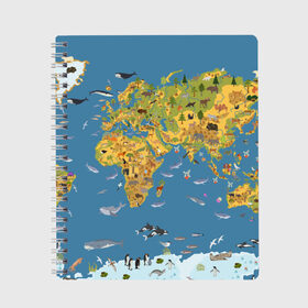 Тетрадь с принтом Карта мира в Новосибирске, 100% бумага | 48 листов, плотность листов — 60 г/м2, плотность картонной обложки — 250 г/м2. Листы скреплены сбоку удобной пружинной спиралью. Уголки страниц и обложки скругленные. Цвет линий — светло-серый
 | Тематика изображения на принте: азия | акулы | америка | антарктида | бизон | волк | европа | животные | зебра | кабан | карта | киты | лама | лев | лось | материки | медведь | мира | моржи | моря | океаны | пингвины | птицы | реки | рыбы
