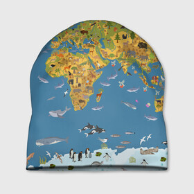 Шапка 3D с принтом Карта мира в Новосибирске, 100% полиэстер | универсальный размер, печать по всей поверхности изделия | азия | акулы | америка | антарктида | бизон | волк | европа | животные | зебра | кабан | карта | киты | лама | лев | лось | материки | медведь | мира | моржи | моря | океаны | пингвины | птицы | реки | рыбы