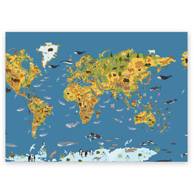 Поздравительная открытка с принтом Карта мира в Новосибирске, 100% бумага | плотность бумаги 280 г/м2, матовая, на обратной стороне линовка и место для марки
 | азия | акулы | америка | антарктида | бизон | волк | европа | животные | зебра | кабан | карта | киты | лама | лев | лось | материки | медведь | мира | моржи | моря | океаны | пингвины | птицы | реки | рыбы