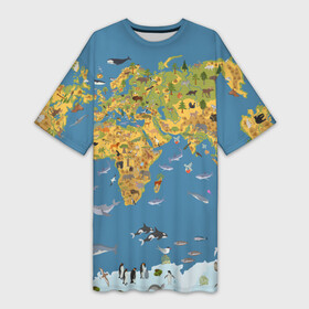 Платье-футболка 3D с принтом Карта мира в Новосибирске,  |  | азия | акулы | америка | антарктида | бизон | волк | европа | животные | зебра | кабан | карта | киты | лама | лев | лось | материки | медведь | мира | моржи | моря | океаны | пингвины | птицы | реки | рыбы
