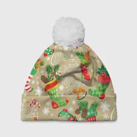 Шапка 3D c помпоном с принтом Merry christmas! в Новосибирске, 100% полиэстер | универсальный размер, печать по всей поверхности изделия | бежевый | ветки | графика | ёлка | ёлочные | ель | зима | игрушки | иллюстрация | картинка | колокольчики | мода | мороз | новый год | орнамент | подарки | праздник | рисунок | рождество | снег | снежинки